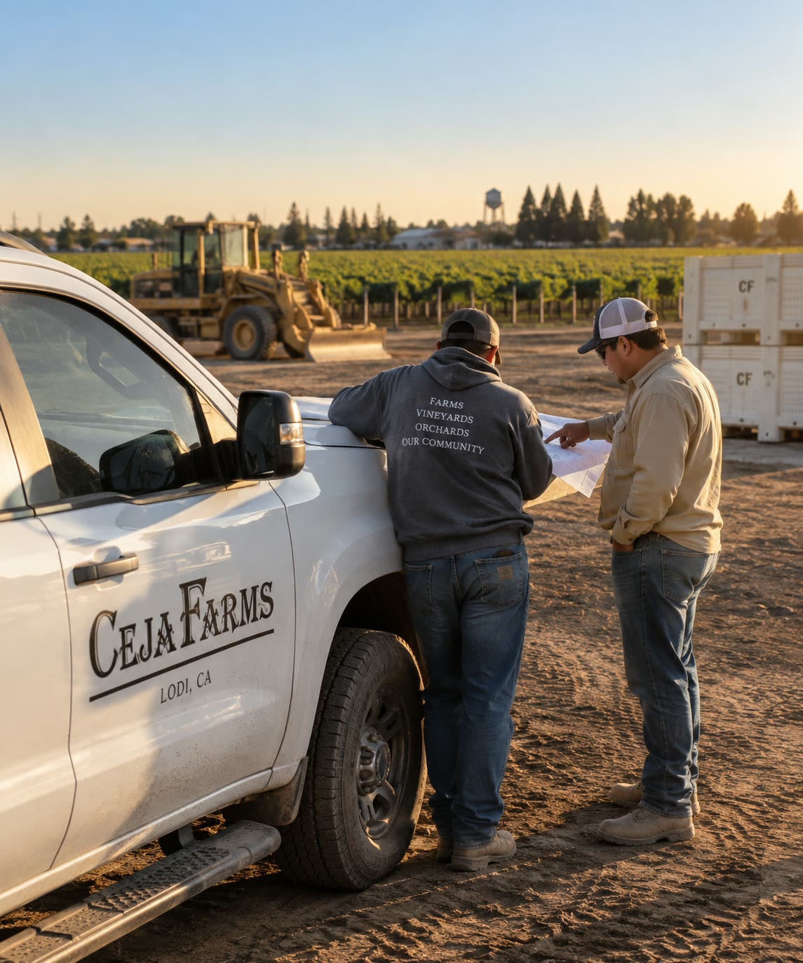 Two Ceja Farms crew members reviewing a site plan on the hood of a company truck, with a loader and vineyard behind them
