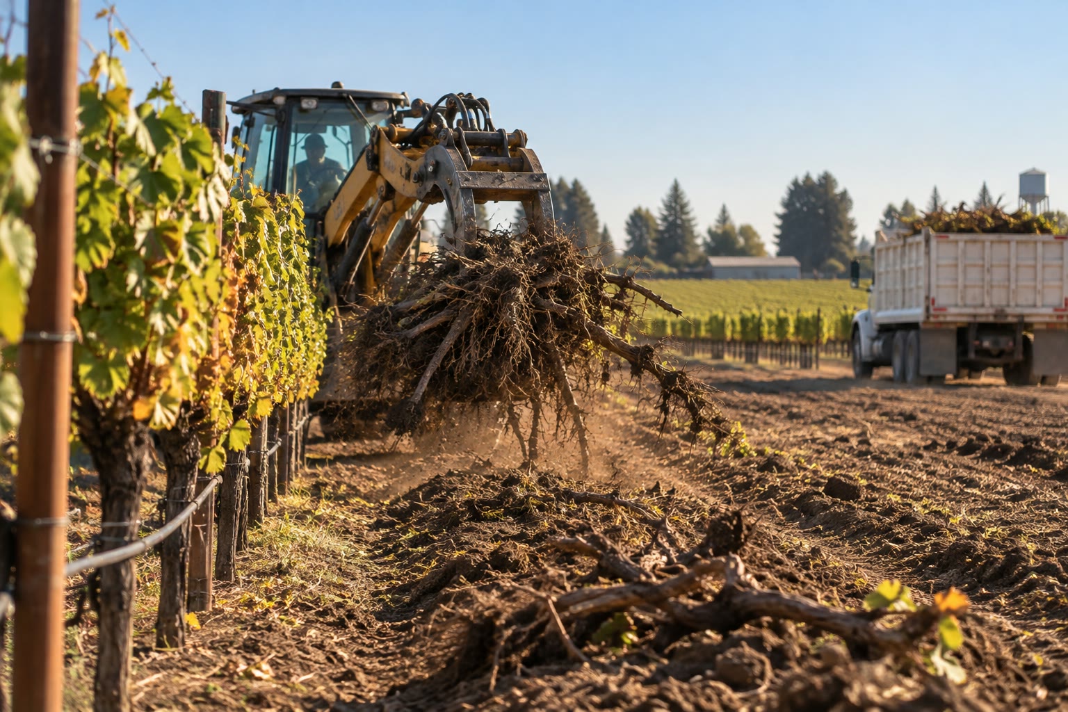 Loader pulling old vines out by the roots, with a truck loaded with vine debris nearby